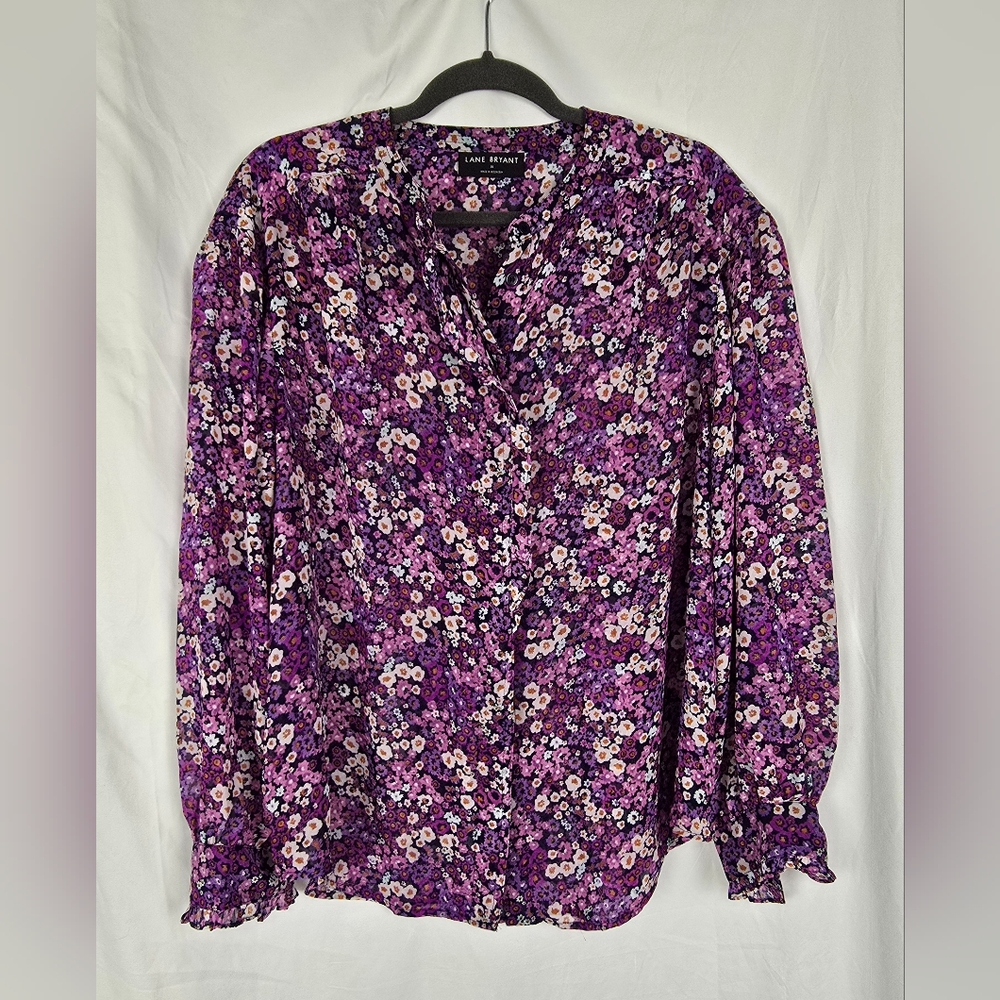 Lane Bryant Sheer Ditsy Floral Ruffle Button-Up Women's Top sz 16 NWOT